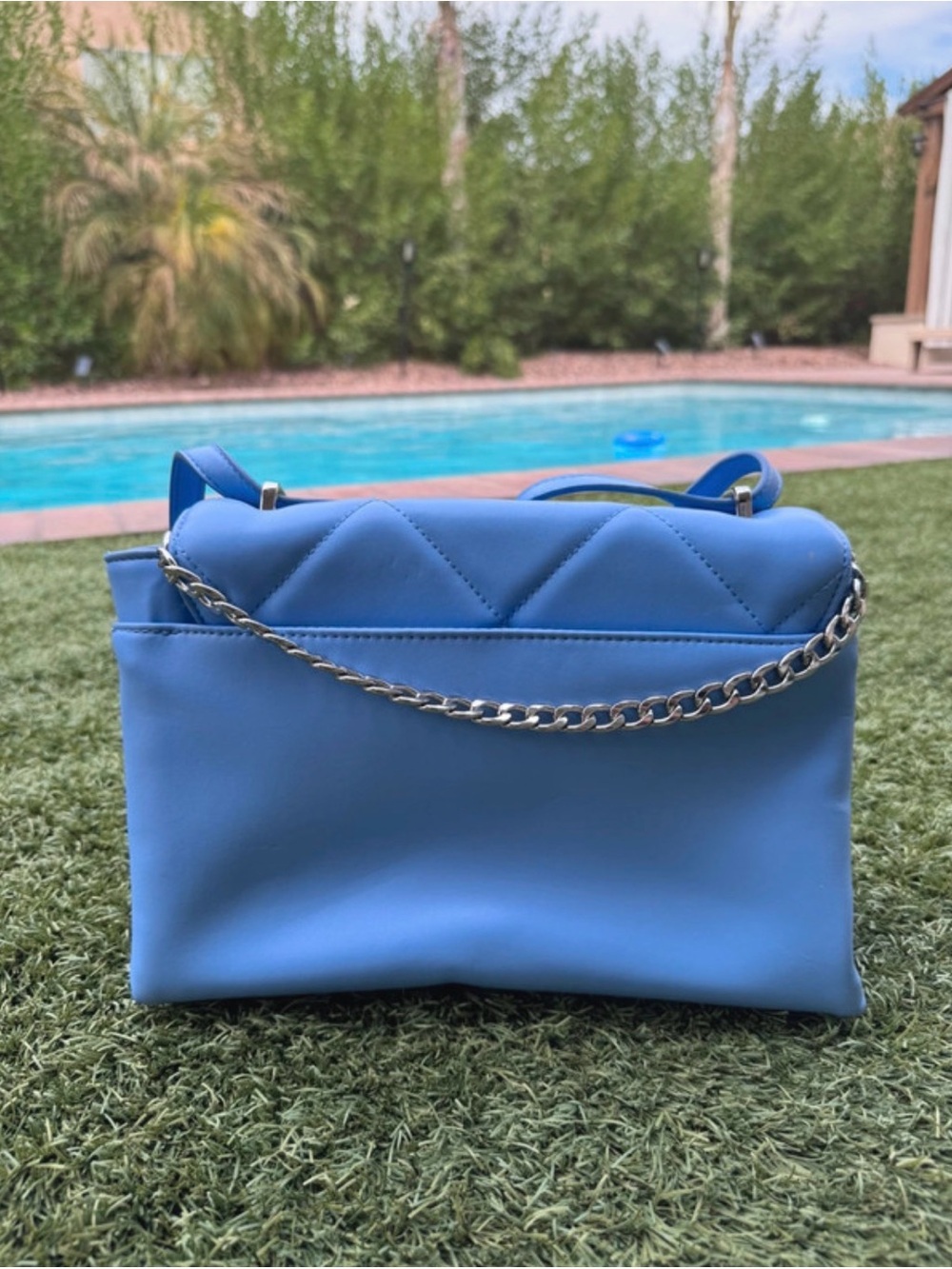 a new day Light Blue Quilted Crossbody Bag with Silver Chain
